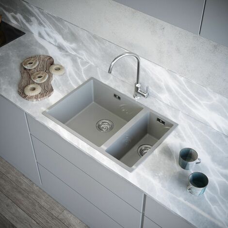 Sauber Kitchen Sink 1.5 Bowl 670x440mm Grey Composite Undermount Inset ...