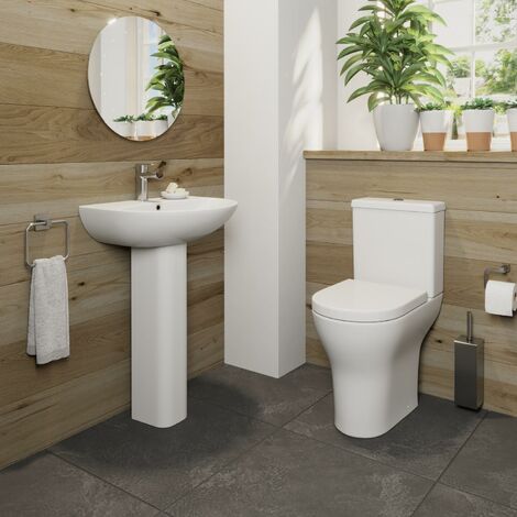 Bathroom Suite Comfort Height Close Coupled Toilet 1TH Basin Pedestal White (1/5)