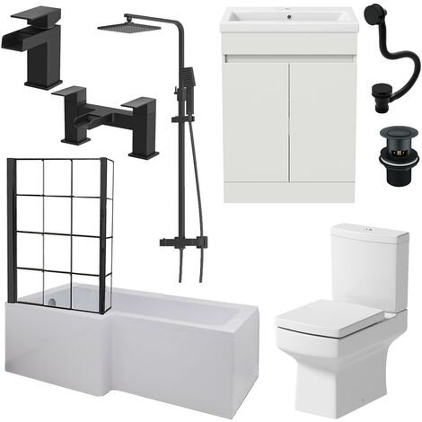 Complete Bathroom Suite Black 1700 L Shape LH Bath Screen Vanity WC ...