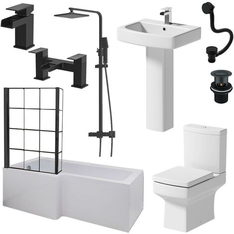 Complete Bathroom Suite Black 1700mm L Shape LH Bath Screen Basin WC Shower Taps