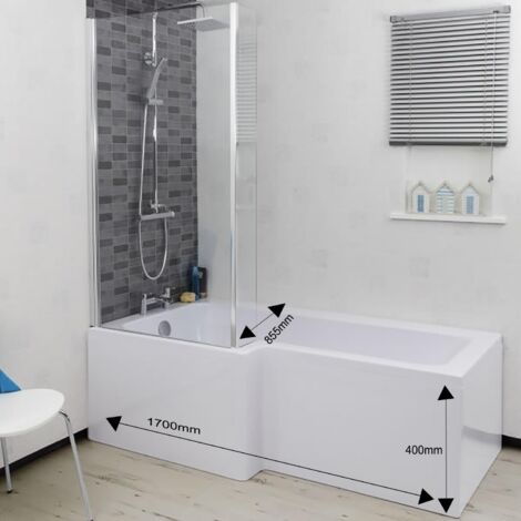 Complete Bathroom Suite Black 1700mm L Shape LH Bath Screen Basin WC Shower Taps