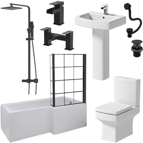Complete Bathroom Suite Black 1700mm L Shape RH Bath Screen Basin WC Shower Taps