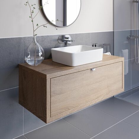 Bathroom Oak Wall Hung Vanity Unit and Basin Sink Cabinet Storage 1100mm with 480mm Rectangular White Basin (1/5)