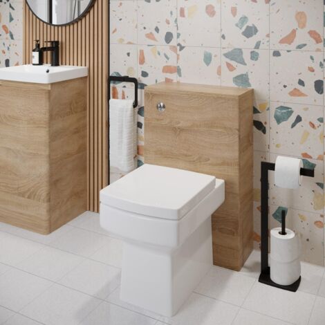 Bathroom Toilet WC Concealed Cistern Unit Pan Soft Close Seat Wood Effect 500mm