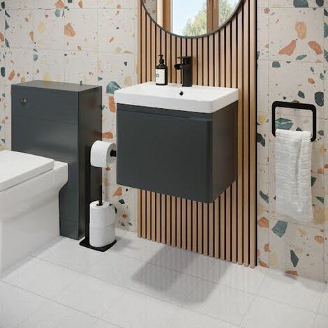 Regis Bathroom Grey Gloss Vanity Unit and Basin Sink Storage Furniture Cabinet - 500mm Wall Hung
