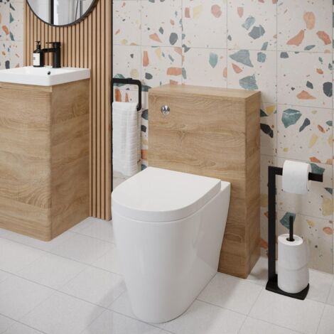 Bathroom Toilet WC Concealed Cistern Unit Pan Soft Close Seat Wood Effect 500mm (1/5)