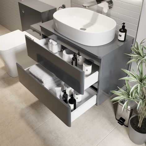 Bathroom Cloakroom Vanity Unit Wall Mounted Countertop Basin Grey Gloss 800mm