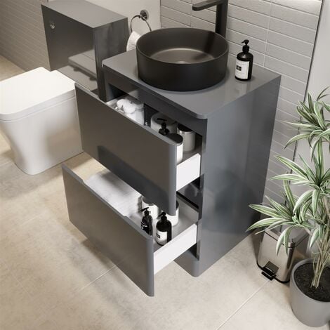 Bathroom Cloakroom Vanity Unit Wash Storage Cabinet Countertop Basin Grey 600mm