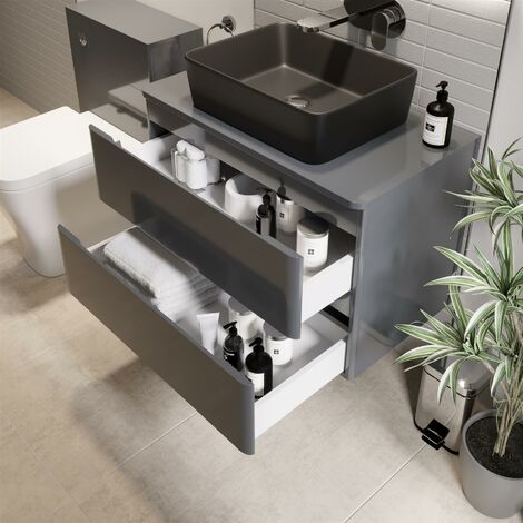 Bathroom Cloakroom Vanity Unit Wall Mounted Countertop Basin Grey Gloss 800mm