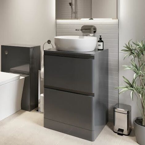 Bathroom Cloakroom Vanity Unit Wash Storage Cabinet Countertop Basin Grey 600mm (1/5)