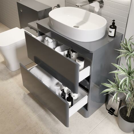 Bathroom Cloakroom Vanity Unit Wash Storage Cabinet Countertop Basin Grey 800mm