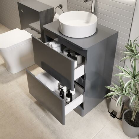 Bathroom Cloakroom Vanity Unit Wash Storage Cabinet Countertop Basin Grey 600mm