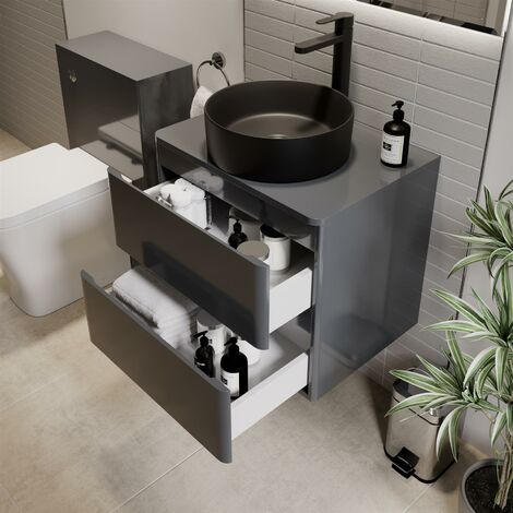 Bathroom Cloakroom Vanity Unit Wall Mounted Countertop Basin Grey Gloss 600mm