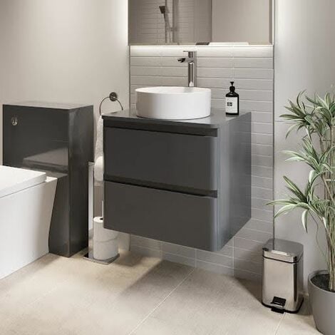 Bathroom Cloakroom Vanity Unit Wall Mounted Countertop Basin Grey Gloss 600mm