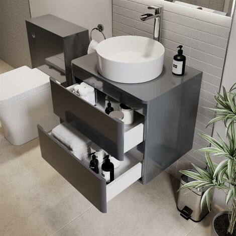Bathroom Cloakroom Vanity Unit Wall Mounted Countertop Basin Grey Gloss 600mm