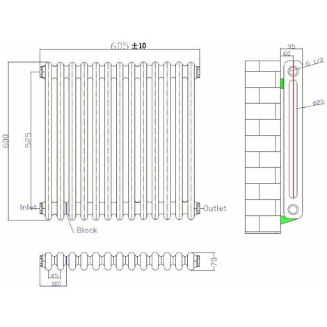 600 x 605mm Double Bar Horizontal Traditional Colosseum White Column Radiator
