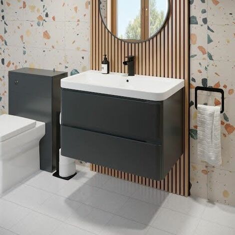 Regis Bathroom Grey Gloss Vanity Unit and Basin Sink Storage Furniture Cabinet - 800mm Wall Hung (1/5)