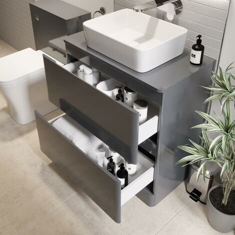 Bathroom Cloakroom Vanity Unit Wash Storage Cabinet Countertop Basin Grey 800mm
