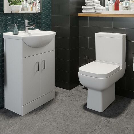 Bathroom Suite Close Coupled Toilet Cloakroom 550mm Vanity Unit Basin White