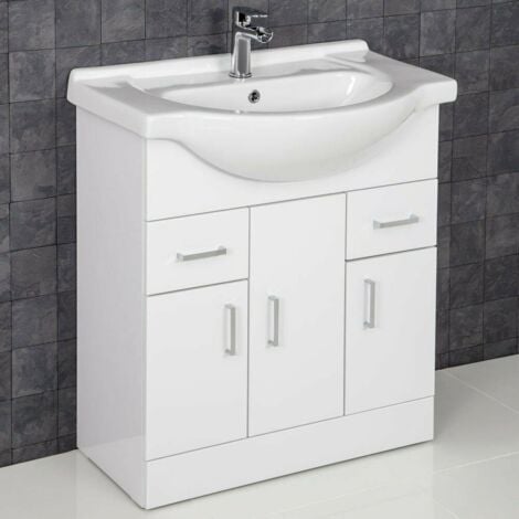 Gloss White Bathroom Vanity Unit and Basin Sink 750mm with Essentials Tap & Waste