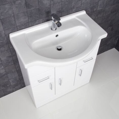 Gloss White Bathroom Vanity Unit and Basin Sink 750mm with Essentials Tap & Waste