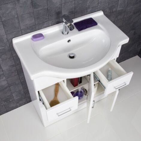 Gloss White Bathroom Vanity Unit and Basin Sink 750mm with Essentials Tap & Waste