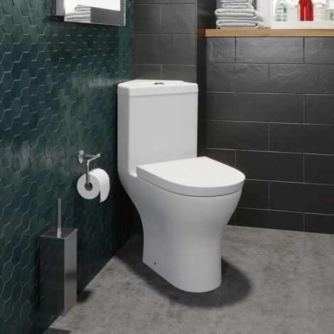 Corner Close Coupled Bathroom Toilet White Ceramic WC 360mm D Shape Space Saving Pan with Soft Close Seat (1/5)