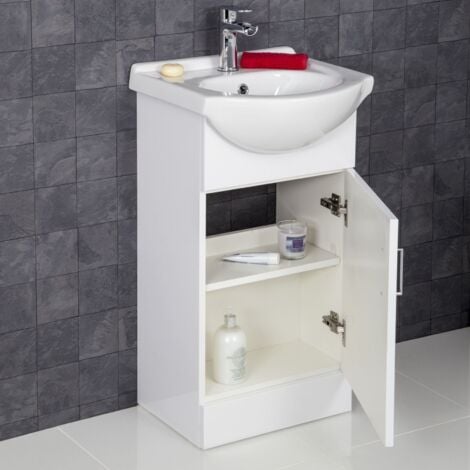 Gloss White Bathroom Vanity Unit and Basin Sink 450mm with Essentials Tap & Waste