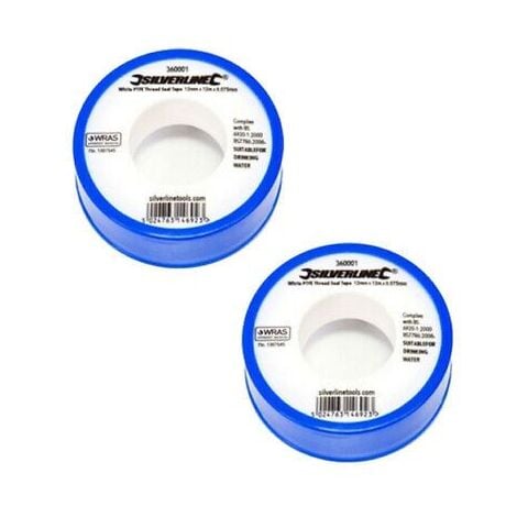Silverline White PTFE Tape x2 Seal Fitting Plumbing Tape 12mmx12m - White