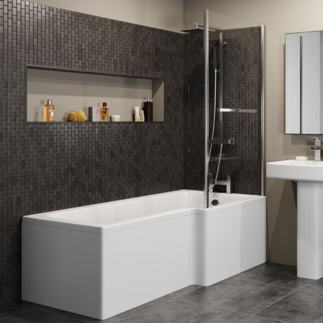 L Shaped 1700mm Shower Bath Acrylic Modern Bathtub - Right Hand with Front & End Panel