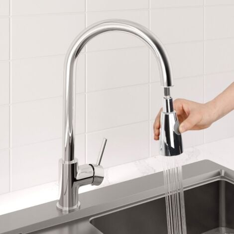 Pull Out Kitchen Tap Single Lever Modern Mono Sink Mixer Hot Cold Faucet - Baden Chrome Finish