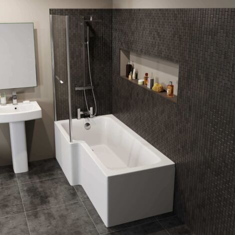 L Shaped 1700mm Shower Bath Acrylic Modern Bathtub - Left Hand with Front Panel