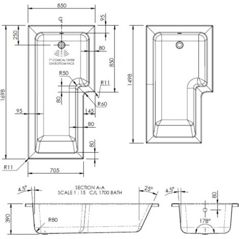 L Shaped Mm Shower Bath Acrylic Modern Bathtub Left Hand Bath Only