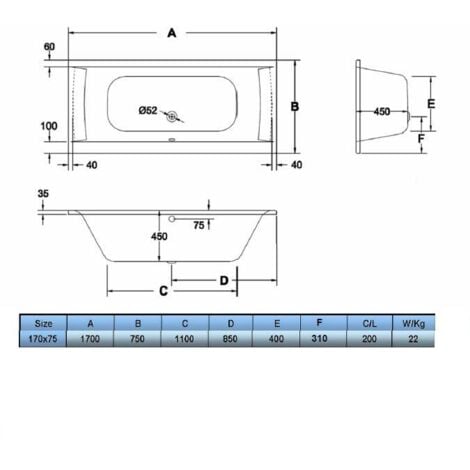Bathroom Double Ended Straight Square Bath White Acrylic Bathtub 1700 x 750mm