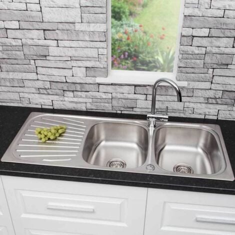 Stainless Steel Double Bowl Inset Kitchen Sink Reversible Drainer Basket Waste