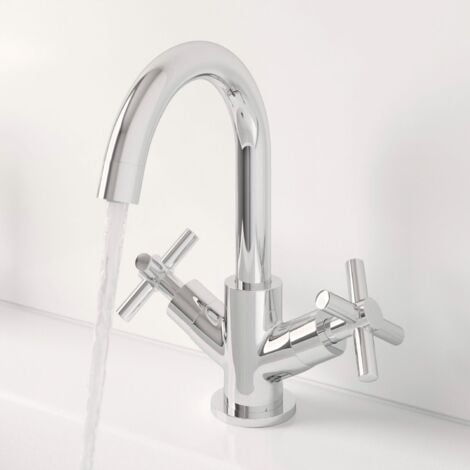 Bathroom Mono Basin Sink Mixer Tap Cross Head Handle Chrome Curved Swan Spout