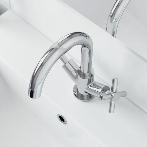 Bathroom Mono Basin Sink Mixer Tap Cross Head Handle Chrome Curved Swan Spout