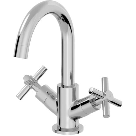 Bathroom Mono Basin Sink Mixer Tap Cross Head Handle Chrome Curved Swan Spout