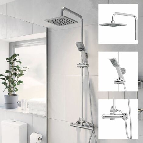 Bathroom Thermostatic Mixer Shower Set Square Chrome Twin Head Exposed Valve