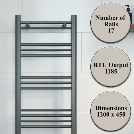 Anthracite Heated Towel Rail Straight Flat Bathroom Radiator 1200 x 450mm