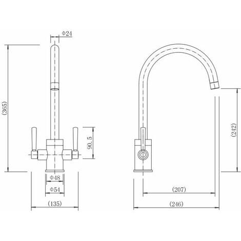 Kitchen Tap Dual Twin Lever Modern Mono Sink Mixer Hot Cold Faucet - Thun Curved Spout Swivel Chrome
