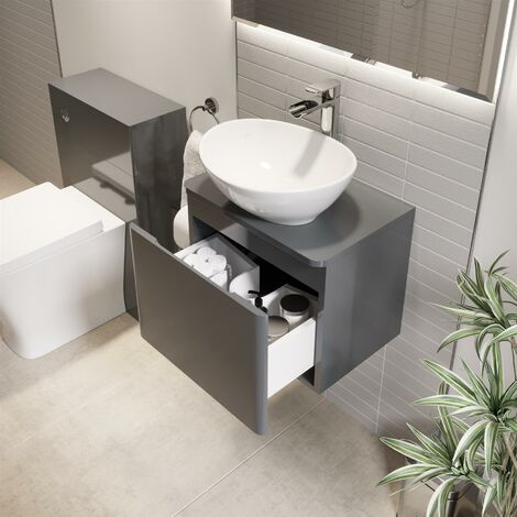 Bathroom Cloakroom Vanity Unit Wall Mounted Countertop Basin Grey Gloss 500mm
