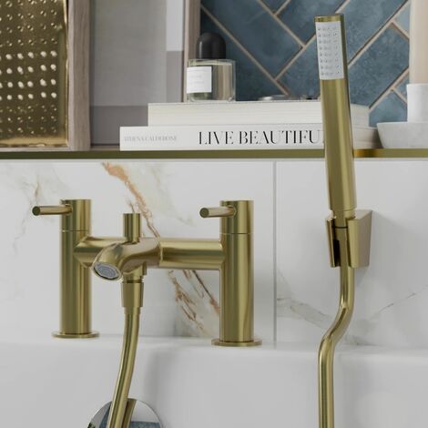 Modern Bathroom Bath Shower Mixer Tap Lever Handle Handset Hose Brushed Brass
