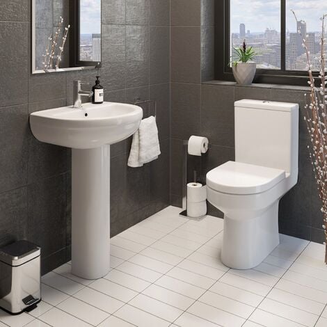 Rimless Close Coupled Bathroom Toilet White Ceramic WC 365mm Rimless D Shape Space Saving Pan with Soft Close Seat