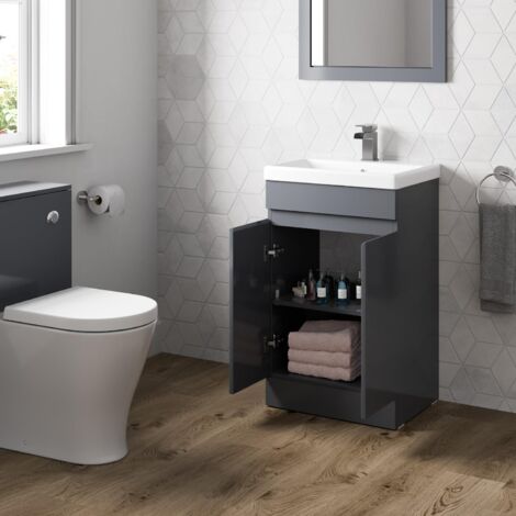 Grey Gloss Bathroom Furniture Vanity Unit with Basin Sink Cabinet Storage 500mm Drawer