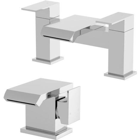 Waterfall Basin Mixer Tap Bath Filler Tap Set Chrome Square Lever