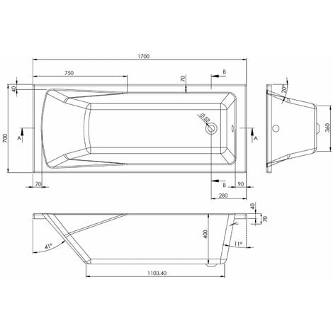 Modern Bathroom 1700mm Single Ended Wide Square Bath Acrylic White Bathtub
