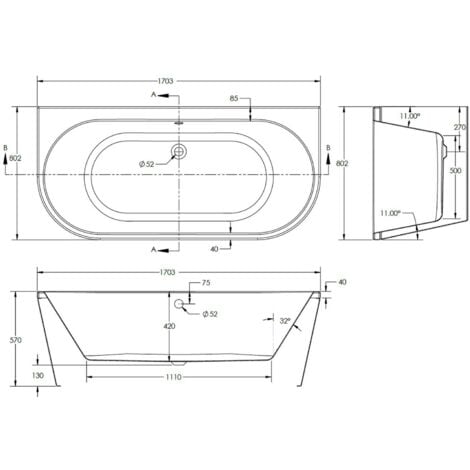 1700x750mm Modern Back To Wall Double Ended Curved Bath Side Panel Acrylic
