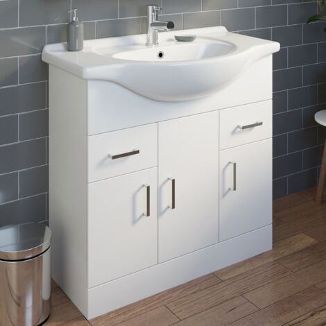 Gloss White Bathroom Vanity Unit and Basin Sink 850mm with Malmo Tap & Waste (1/5)