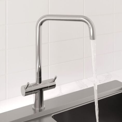 Kitchen Tap Dual Twin Lever Modern Mono Sink Mixer Hot Cold Faucet - Lugano Chrome Finish